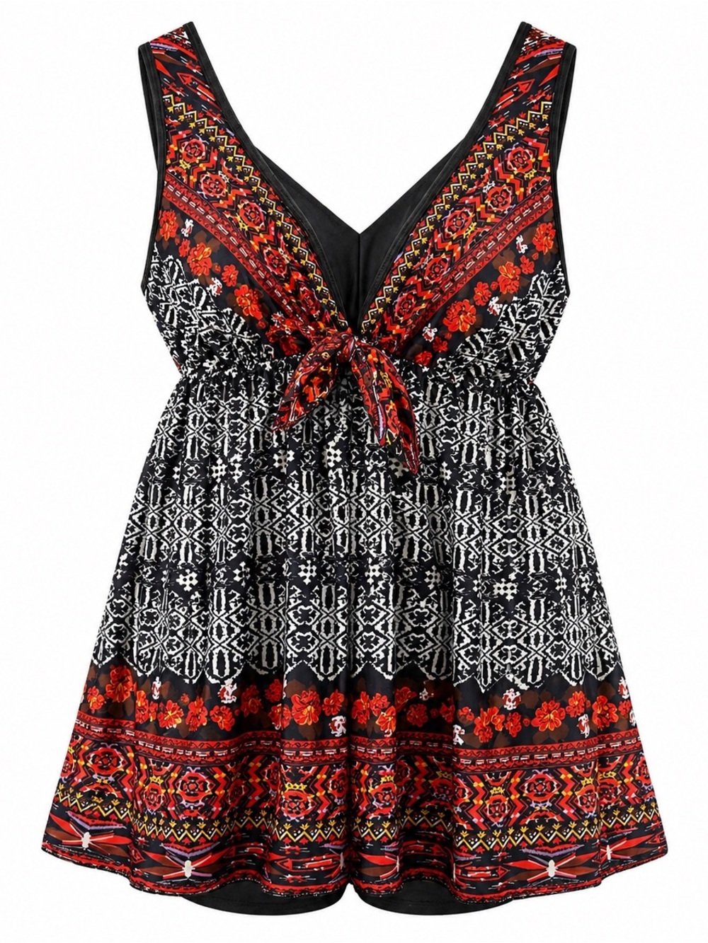 DANIFY Swim Dress One Piece Black Red Boho Print Built In Shorts Size 2X modest
